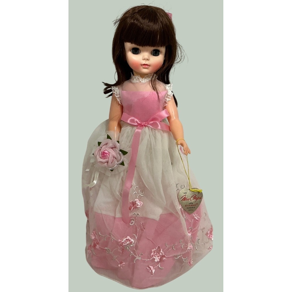 Vintage 1965 Effanbee Miss Chips Doll 18" Pink Dress Bouquet Wrist Tag 1700